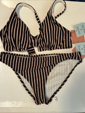 Shade & Shore Black and Tan Striped Bikini Set